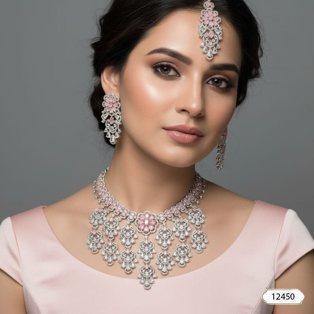 Romantic Rose Pink & White CZ Filigree Bridal Set – Rs. 12,450