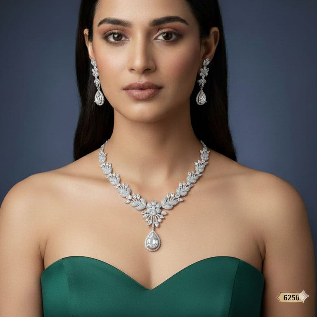 Luxurious Floral Leaf Zirconia Pendant & Earring Set – Rs. 6,250