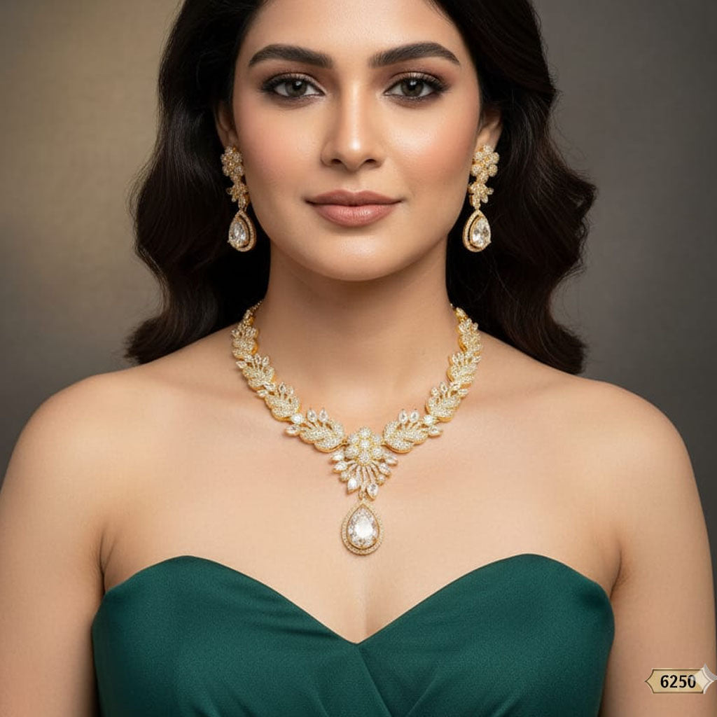 Luxurious Floral Leaf Zirconia Pendant & Earring Set – Rs. 6,250