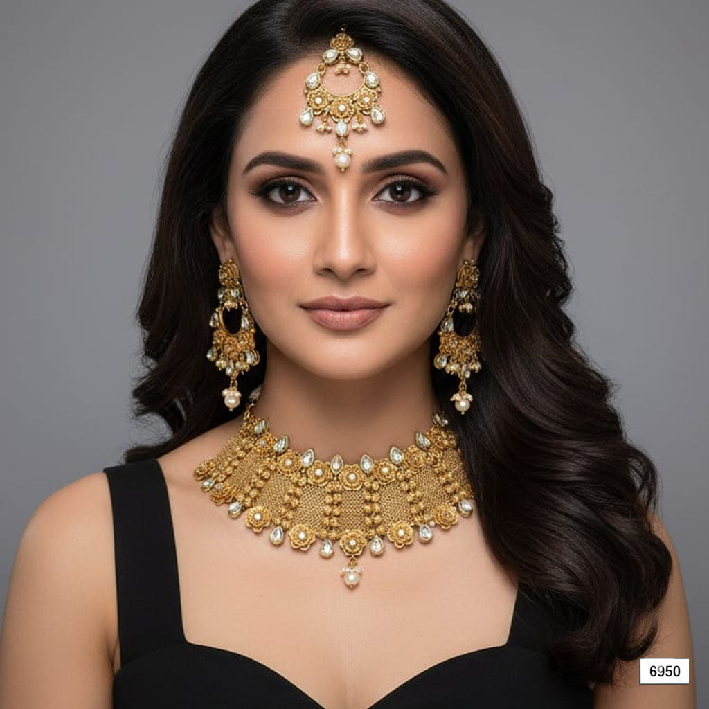 Grand Bridal Mesh Weave Gold Choker, Jhumki & Tikka Set – Rs. 6,950