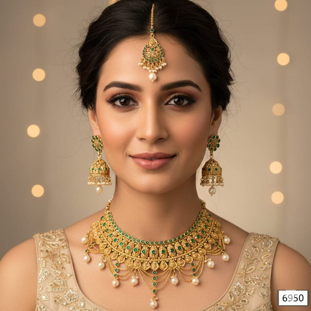 The Vrinda Green Gemstone & Pearl Bridal Set – Rs. 6,950