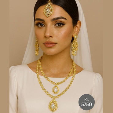 Golden Bridal CZ Set – Necklace + Earrings + Tikka — Rs. 5750