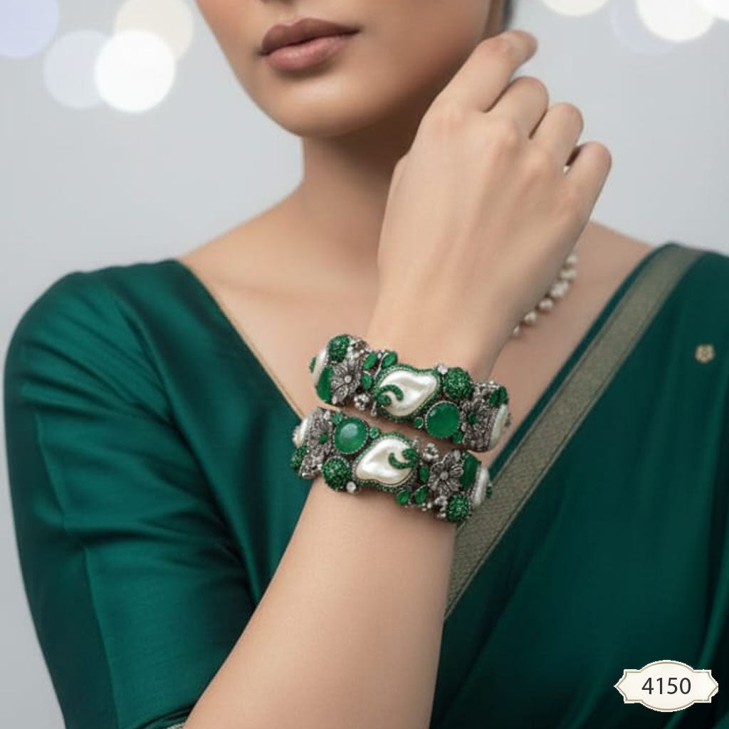 Moonlight Garden Oxidized Stone & Pearl Kadas – Rs. 4,150