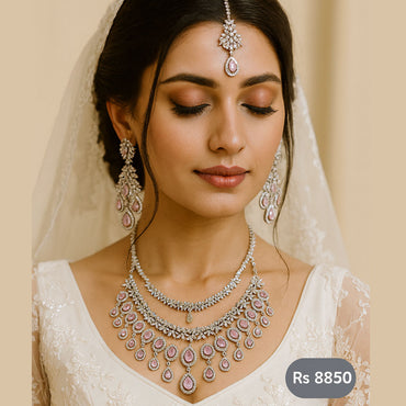 Pink Bridal CZ Set – Necklace + Earrings + Maang Tikka — Rs. 8850