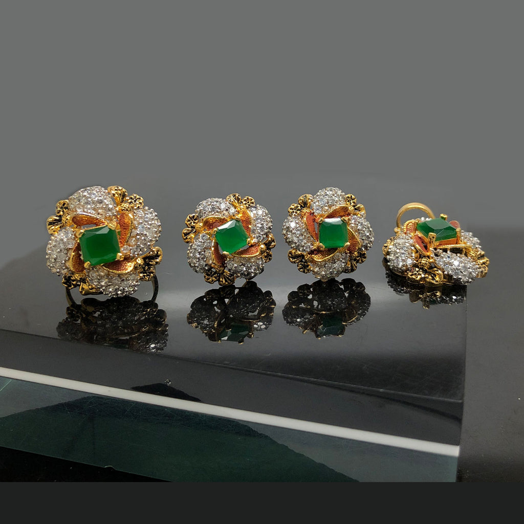 Golden Floral Crystal Locket Set with Matching Earrings