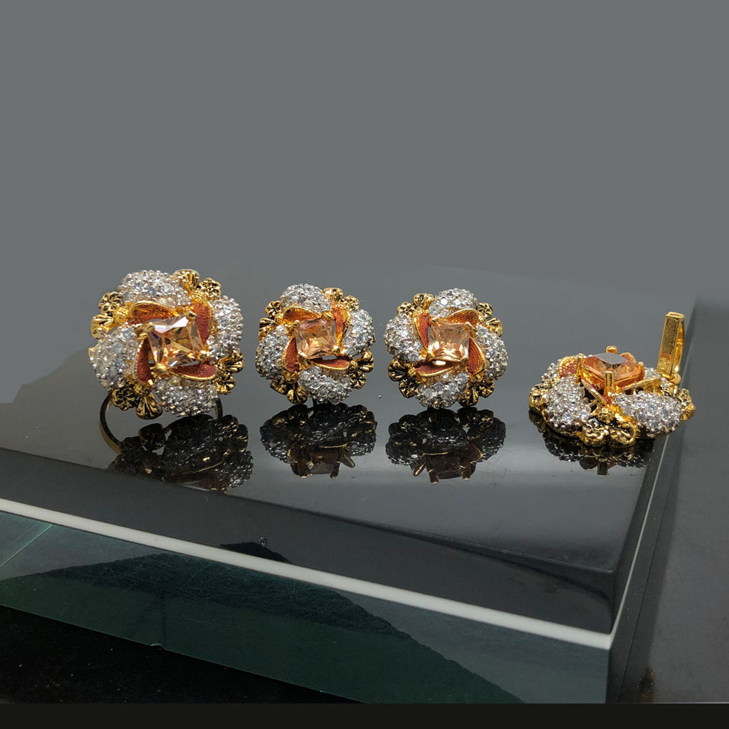 Golden Floral Crystal Locket Set with Matching Earrings
