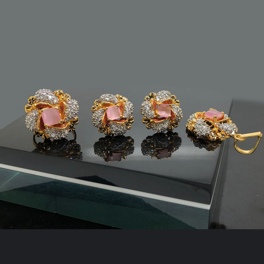 Golden Floral Crystal Locket Set with Matching Earrings