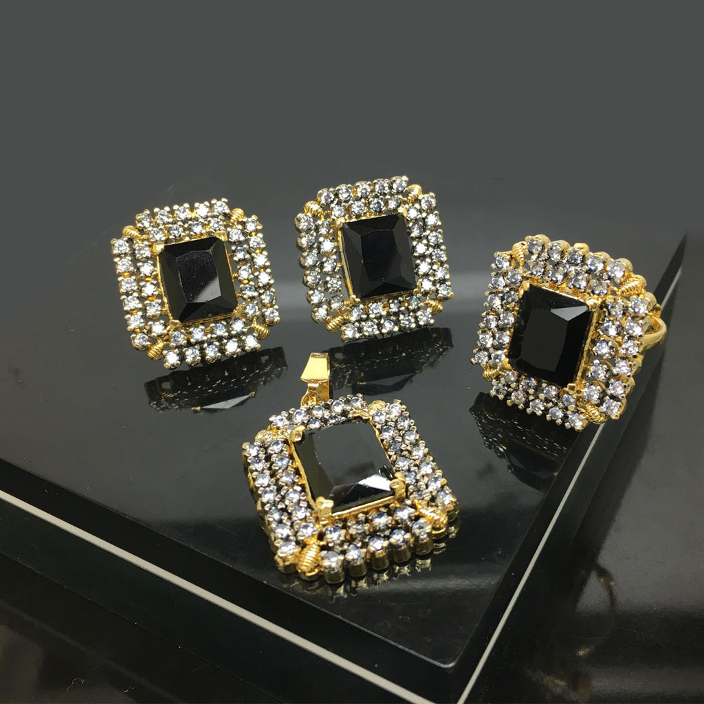 Gold Plated Square Cut Topaz Crystal Jewelry Locket Set