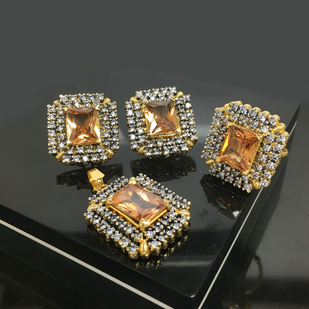 Gold Plated Square Cut Topaz Crystal Jewelry Locket Set