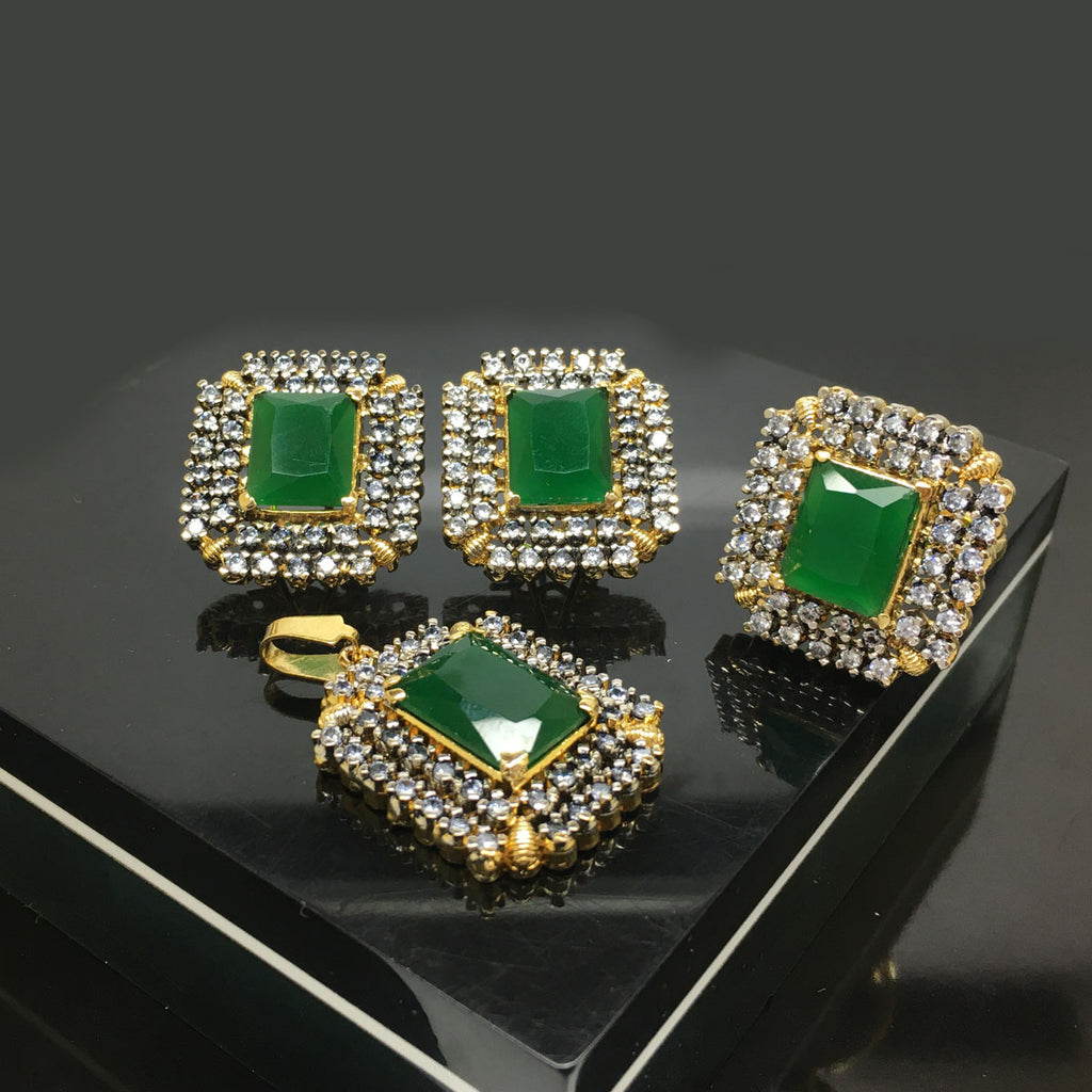 Gold Plated Square Cut Topaz Crystal Jewelry Locket Set