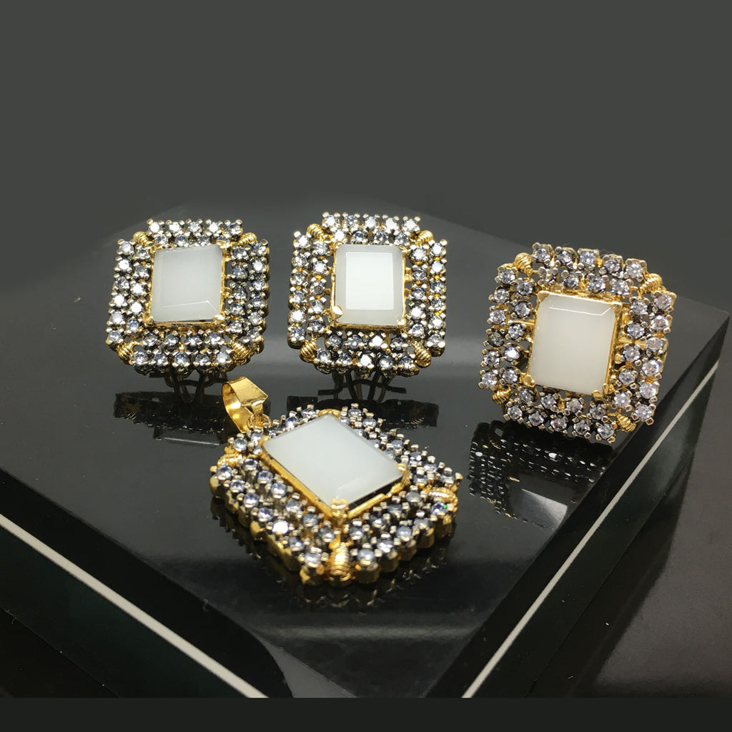 Gold Plated Square Cut Topaz Crystal Jewelry Locket Set