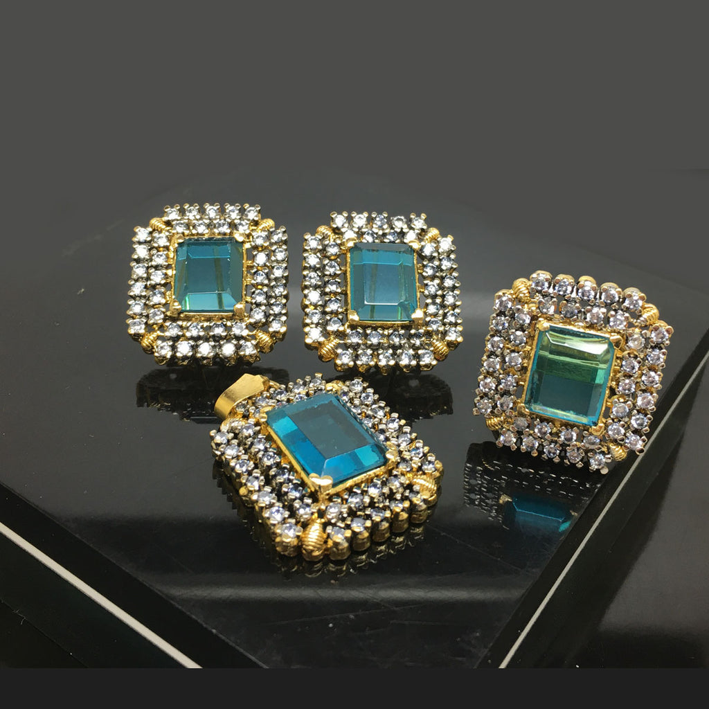 Gold Plated Square Cut Topaz Crystal Jewelry Locket Set