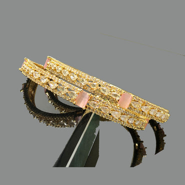 Luxury Gold Bangles with Pink Stones – Elegant Crystal-Studded Design