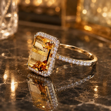 22K Gold-Tone Emerald-Cut Citrine CZ Rectangular Halo & Pavé Shoulder Cocktail Ring on dark brown marble surface with crystal bokeh gold light orbs and champagne gold backdrop