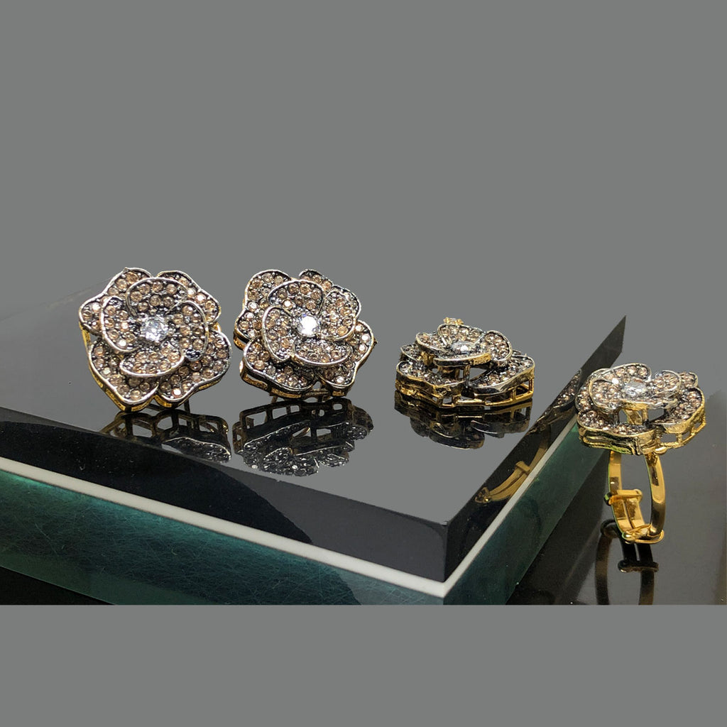 Gold Tone Rose Design Statement Locket Set