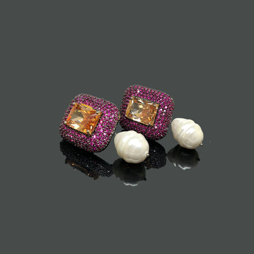 Statement Stud Earrings with Golden Center & Pink Stone Halo