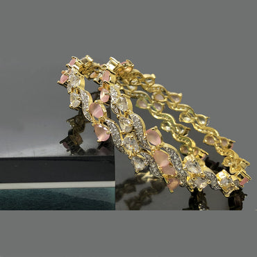 Gold-Plated Pink and Crystal Stone Bangles