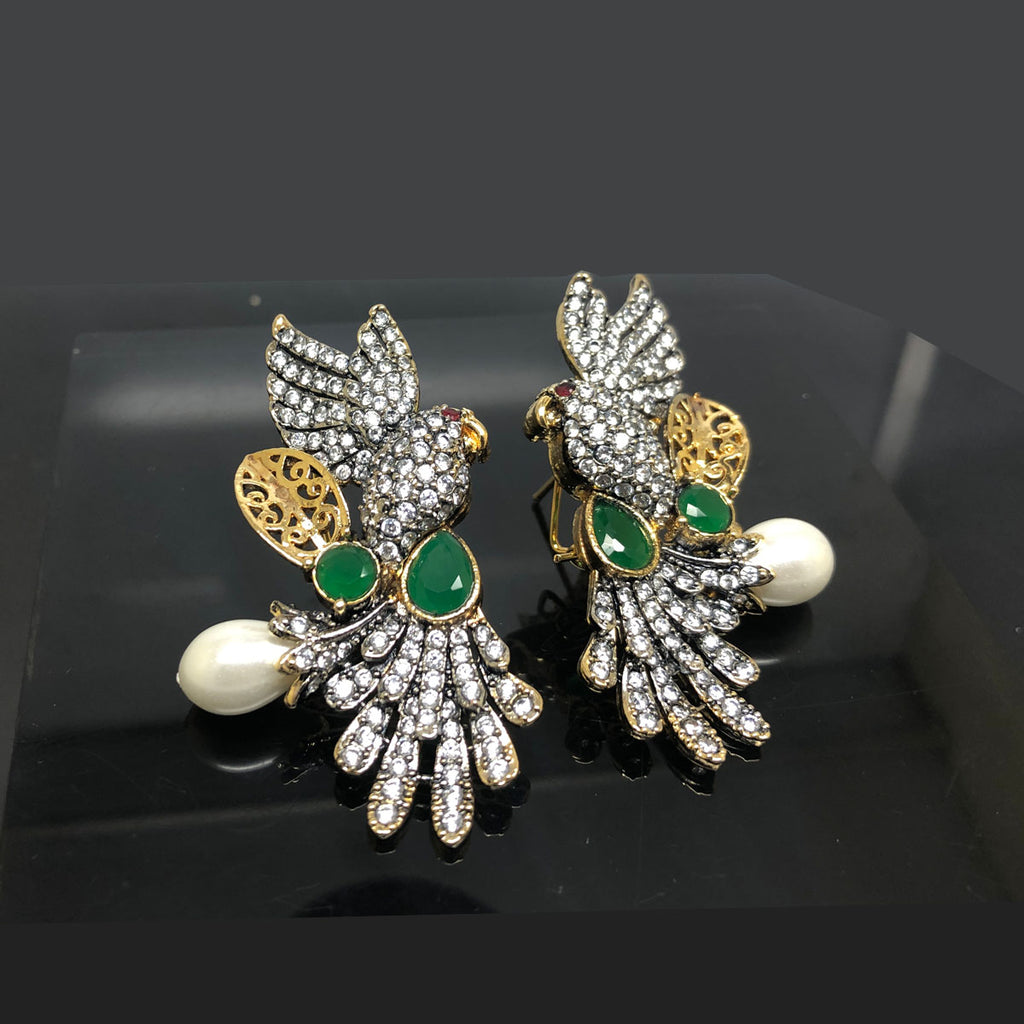 Exquisite Parrot Design Crystal Traditional Earrings with Pearl Drop