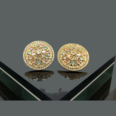 Gold-Plated Floral Round Stud Tops with Multicolor Stones