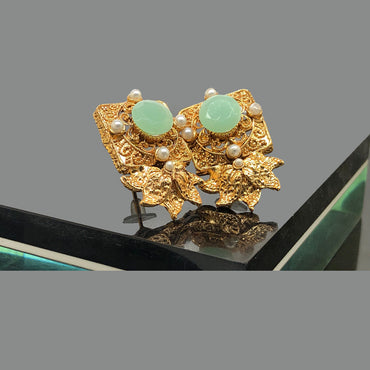 Traditional Gold-Tone Earrings with Mint Green Stone and Pearl Accents