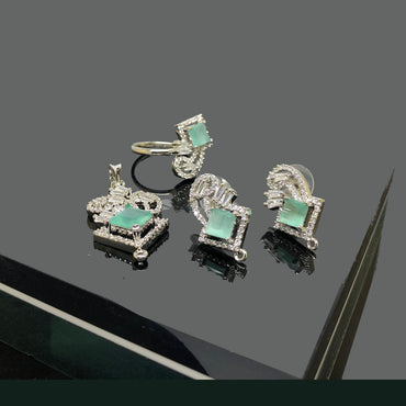 Emerald-Cut Green Gemstone Locket Set with Earrings & Ring