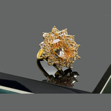 Gold Radiant Oval Stone Ring with Halo Design