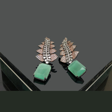 Green Gemstone & Crystal Leaf Dangle Earrings – Luxury Statement Jewelry