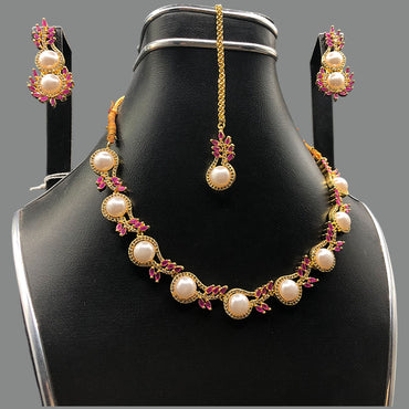 Gold-Plated Pearl & Ruby-Toned Necklace Set