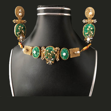 Antique Gold-Plated Green Stone Choker Set – Handcrafted Pearl & CZ Jewelry
