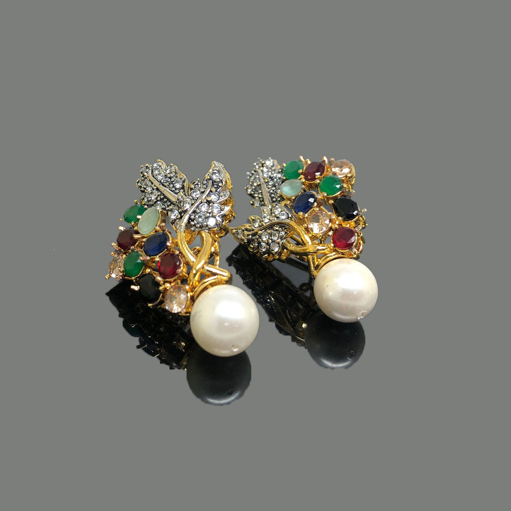 Gold-Tone Floral Pearl Drop Earrings – Elegant Party Wear, Rs.1850