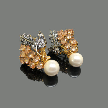 Gold-Tone Floral Pearl Drop Earrings – Elegant Party Wear, Rs.1850