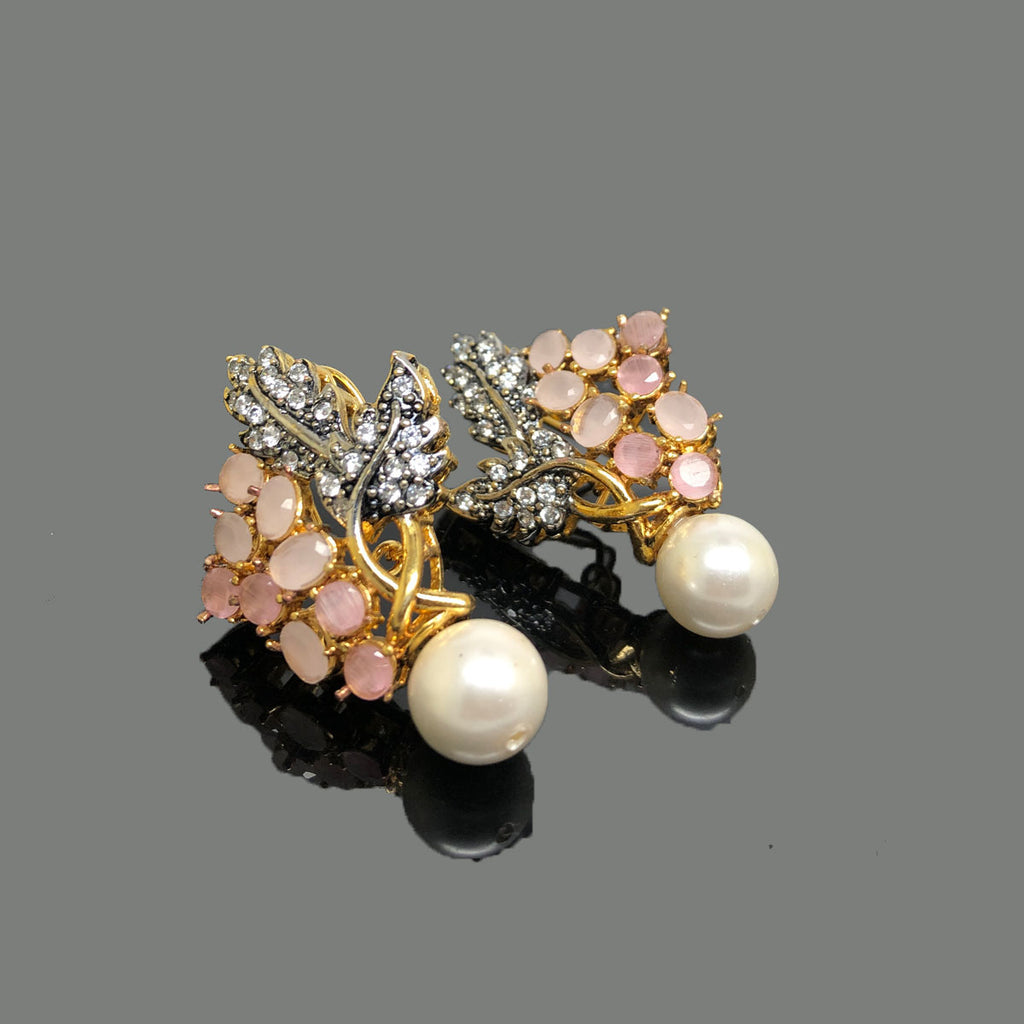 Gold-Tone Floral Pearl Drop Earrings – Elegant Party Wear, Rs.1850