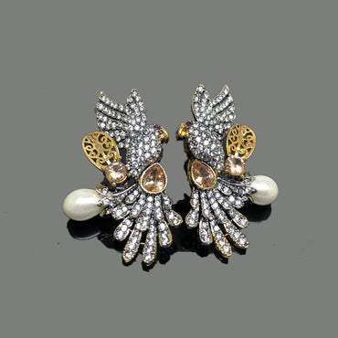 Exquisite Parrot Design Crystal Traditional Earrings with Pearl Drop