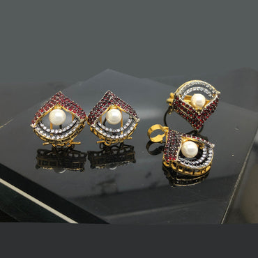 Ruby Red Crystal and Pearl Locket Set