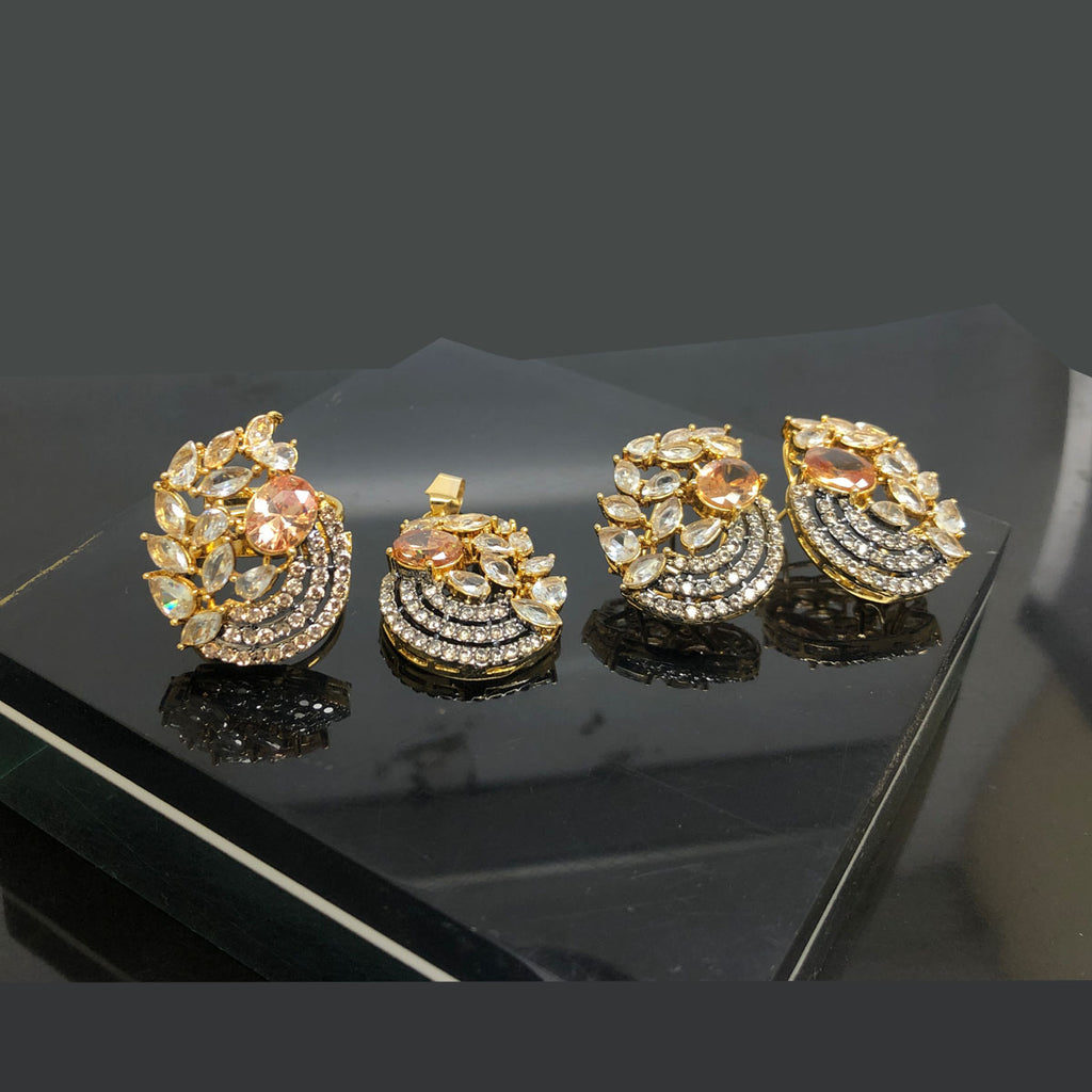 Elegant Marquise Crystal and Peach Stone Locket Set