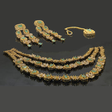 Elegant Triple-Layer Green Stone Necklace Set with Earrings & Maang Tikka – Rs. 7850