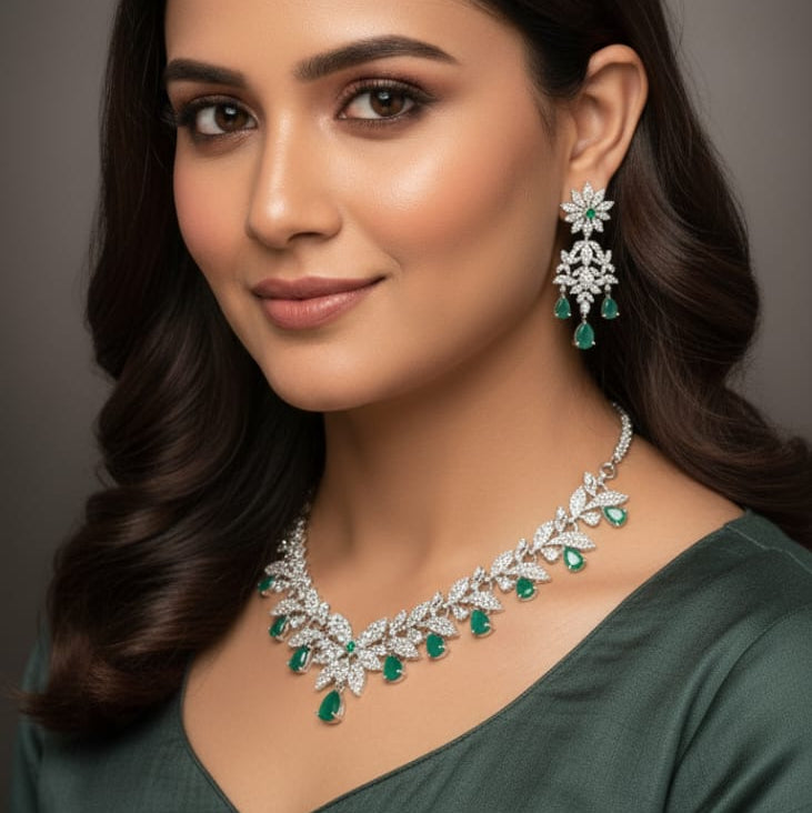 Marquise Cut Zirconia & Green Drop Bridal Set – Rs. 2,950