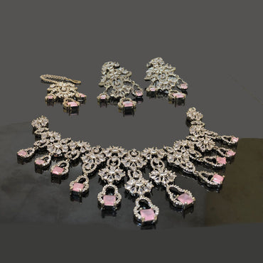 Elegant Silver & Pink Stone Bridal Necklace Set – 10,500