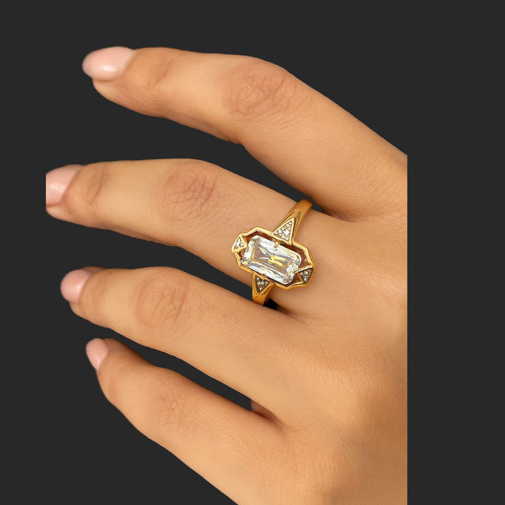 Elegant CZ Statement Ring - Gold Finish with Emerald Cut Stone