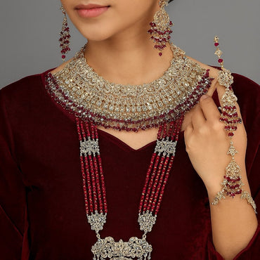 Statement Maroon Beaded Bridal Set with Crystal Work – ₹68,500