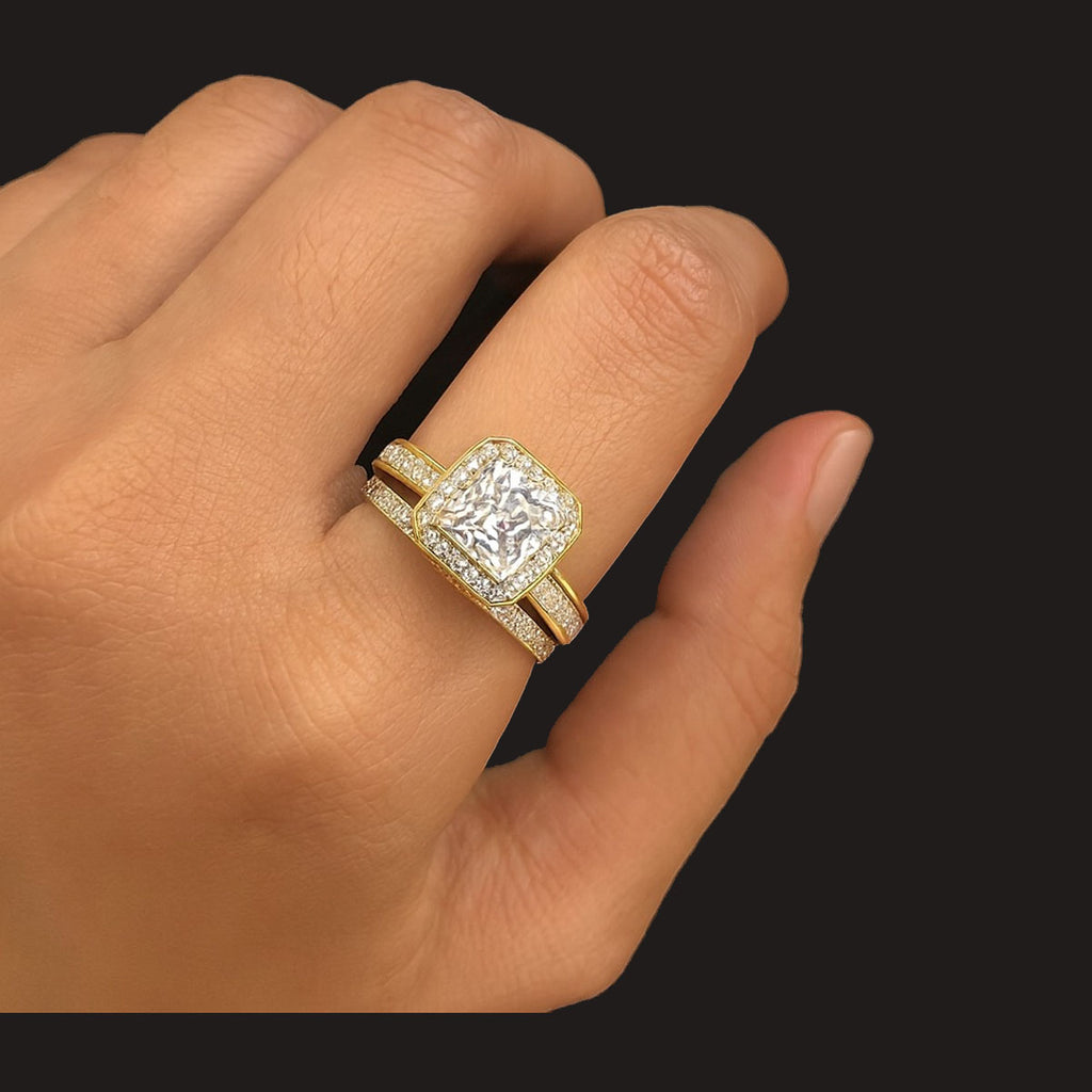 Princess Cut Double Band Gold Ring Set