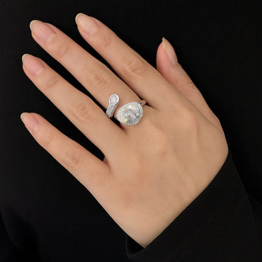 Elegant Teardrop Adjustable Silver Ring – Dazzling Dual Crystal Design