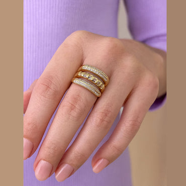 Geometric Multi-Band Gold And Silver Ring with Stones