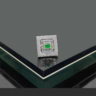 Elegant Square Stone-Studded Adjustable Ring - Silver & Gold