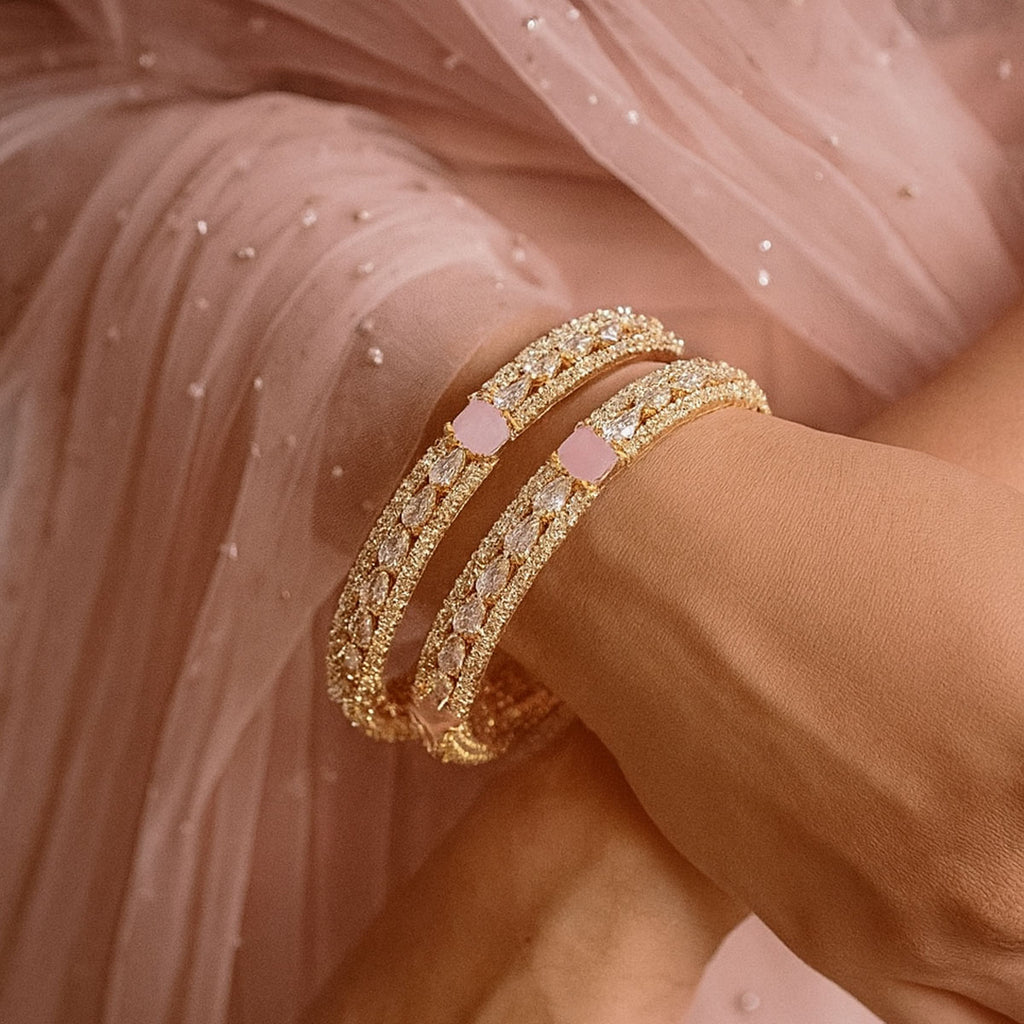 Luxury Gold Bangles with Pink Stones – Elegant Crystal-Studded Design