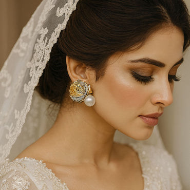 Golden Pearl Drop Leaf Earrings