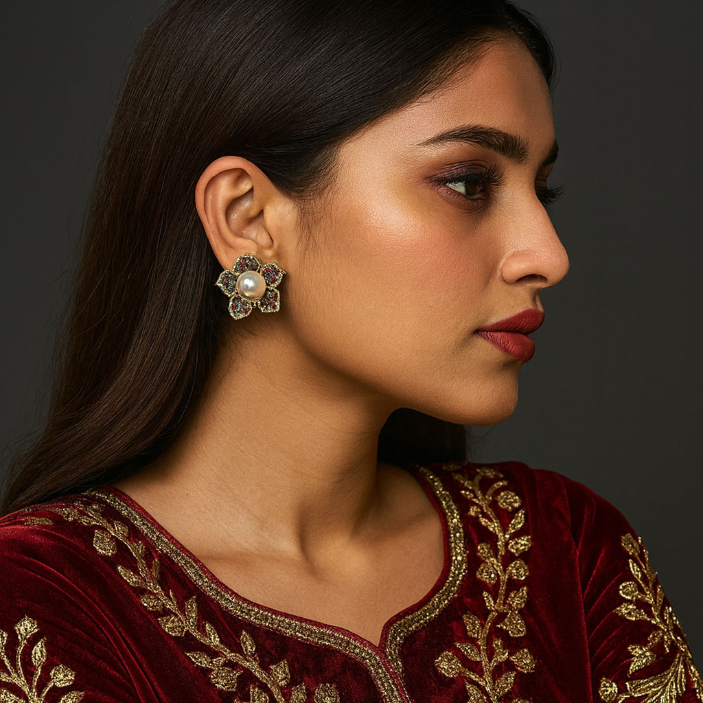 Vintage Floral Pearl Stud Earrings with Crystal Accents