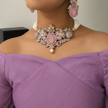 Pink Stone Pearl Choker Set – Rs. 4,350