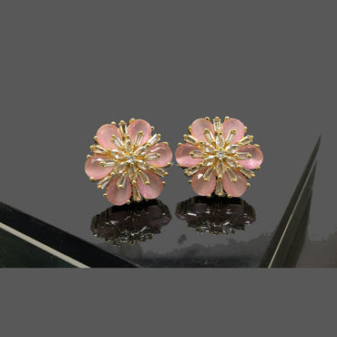 Floral Pink Crystal Earrings – Gold Base