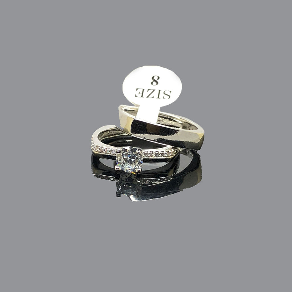 Silver-Tone Double Ring Set – Solitaire and Pave Band